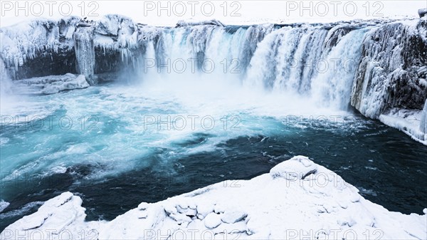 Godafoss waterfall, snowy landscape, drone shot, Northern Iceland Eyestra, Iceland, Europe