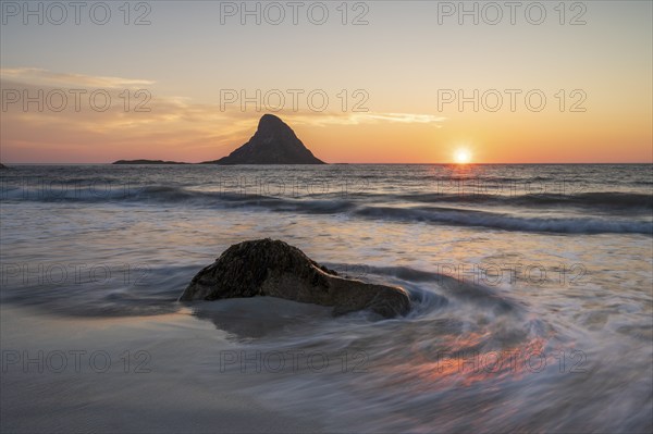 Sandy beach beach with island in the sea near Bleik, sunset, Andoya Island, Vesterålen, Northern