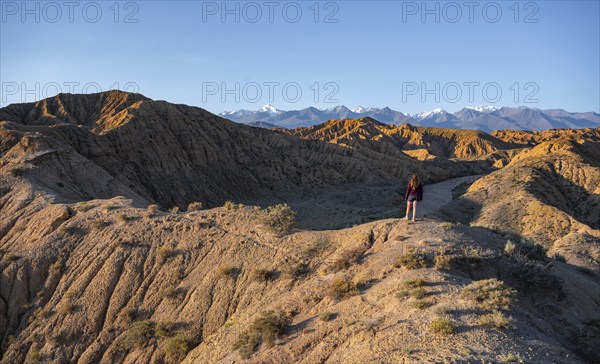 Tourist standing in a landscape of eroded hills at sunrise, Badlands, white mountain peaks of the
