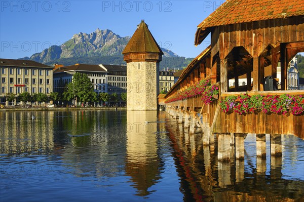 Chapel Bridge with Pilatus, City of Lucerne, Switzerland, Europe