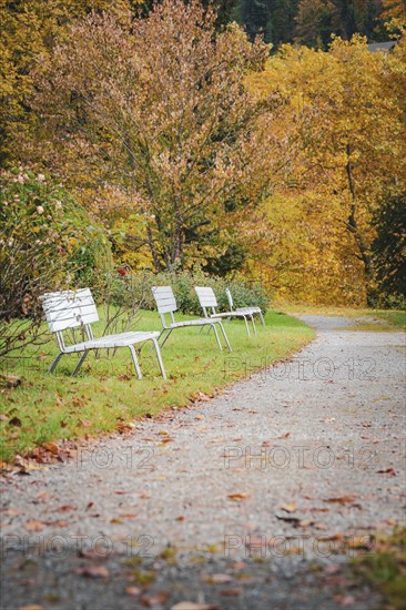 White benches in a row in the spa gardens during autumn, Bad Wildbad, Black Forest, Germany, Europe