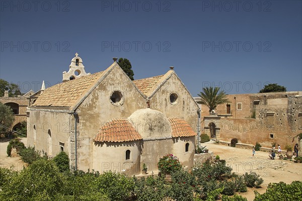 Church, courtyard, palm tree, Arkadi, Orthodox monastery, national monument, Rethimnon province,
