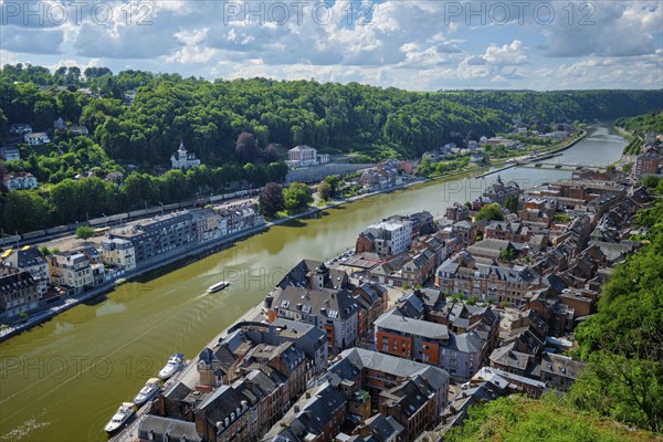 Aerial view of Dinant town, Collegiate Church of Notre Dame de Dinant, River Meuse and Pont Charles