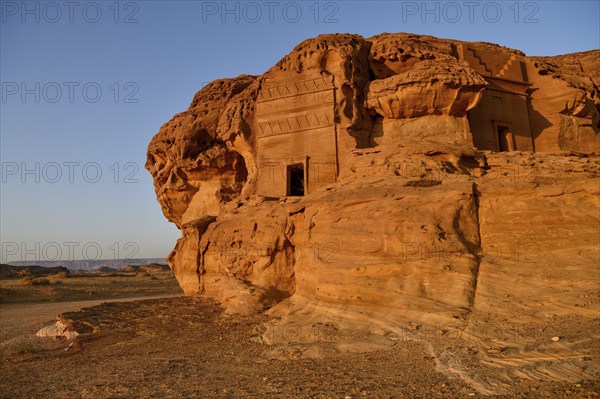 Nabataean tombs at Djabal Al-Ahmar in first light, Hegra or Mada'in Salih, AlUla region, Medina