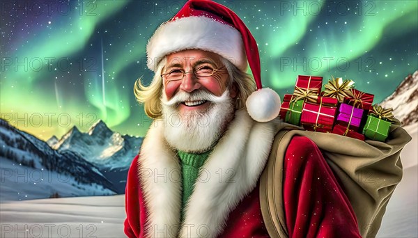 Christmas, Father Christmas with a sack full of presents stands in a snowy landscape, there are