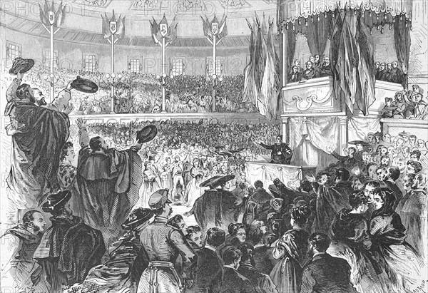 Rally at Circus Price in Madrid for the abolition of slavery in the colonies, 1869, Spain,