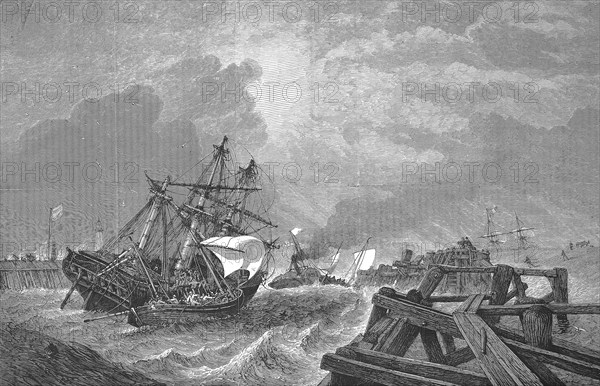 Rescue of a ship in front of the harbour entrance of Yarmouth, Isle of Wight, 1869, England,