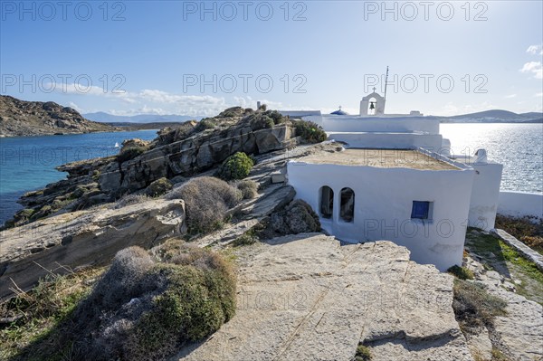 Monastery of Agios Ioannis Detis on the coast between rocks, Paros, Cyclades, Greece, Europe