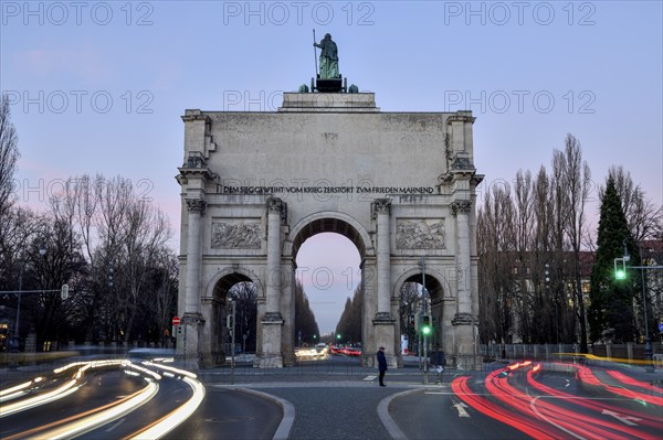 Siegestor by the architect Friedrich von Gärtner (1852), blue hour, Munich, Bavaria, Germany,