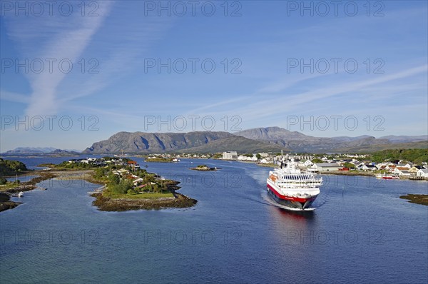 Hurtigruten ship from above, island and mountains, Bronnöysund, Helgeland, Nordland, Norway, Europe