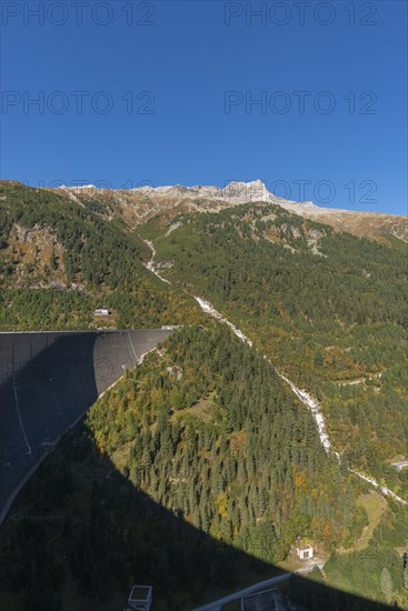 Schlegeis dam (altitude 131m), valley side, Zams valley, mountain stream, forest, Zillertal Alps,