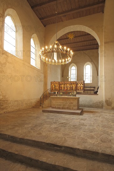 Interior view with chandelier of the Romanesque Drübeck Monastery, Harz Mountains, Lower Saxony,