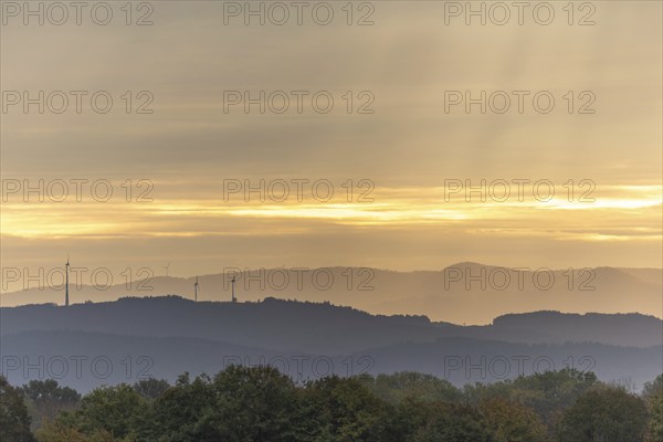 Wind turbines in the mountains of the black forest. Fribourg Brisgau, Bade-Wurtemberg, Germany,