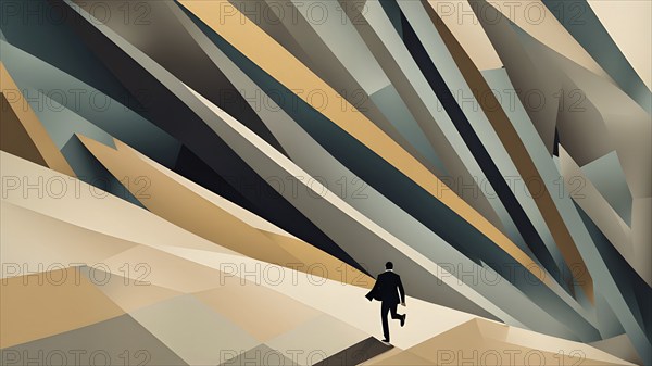 Abstract illustration in geometric shapes of a man in hurry, AI generated