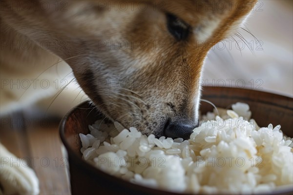 Dog eating light food rice out of bowl. Generative Ai, AI generated