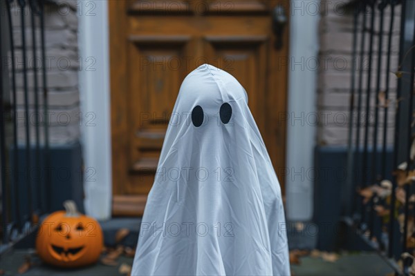Child dressed up with Halloween ghost costumes to play trick or treat. Generative Ai, AI generated