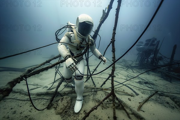 Futuristic humanoid robot entangled in submarine communication cables, AI generated