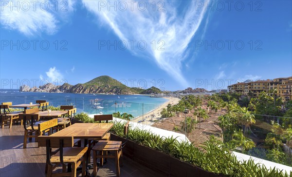 Scenic panoramic aerial view of Los Cabos landmark tourist destination Arch of Cabo San Lucas
