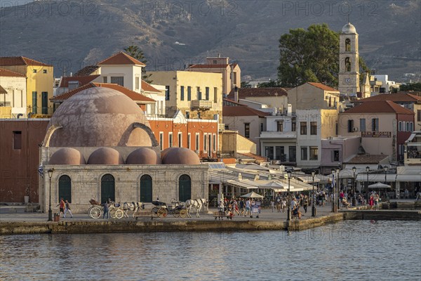 The Hasan Pasha Mosque and the old town at the old Venetian harbour, Chania, Crete, Greece, Europe