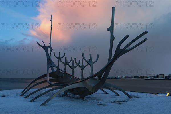 Viking Ship Sculpture at Sunset, Sun Voyager, Reykjavik, Reykjanes Peninsula, Sudurnes, Iceland,