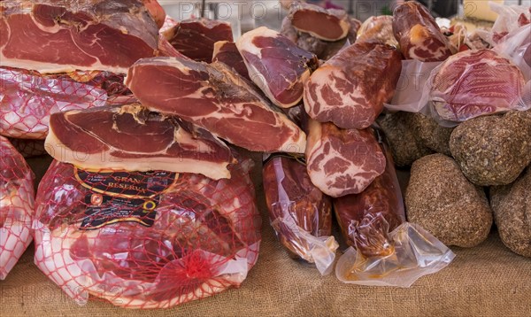 Market stall with various types of ham, Majorca, Balearic Islands, Spain, Europe