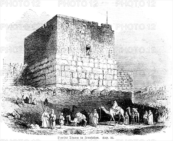 David's Tower in Jerusalem, king, tower, square, people, camels, bible, Old Testament, First Book