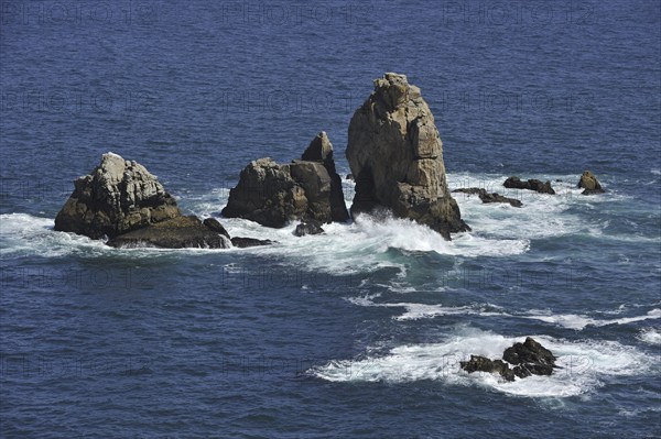 Sea stacks along the rocky coast at Cap de Sizun, nature reserve and bird sanctuary in Finistère,