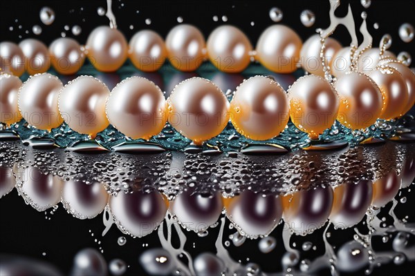 Pearl necklace in the water with splashes, drops and reflections, AI generated