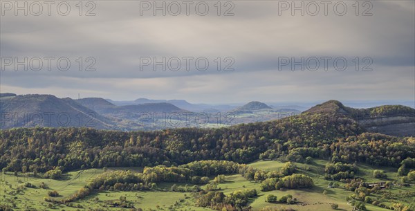 View from Hohenneuffen Castle, Beuren, Albtrauf, Swabian Alb, Baden-Württemberg, Germany, Europe