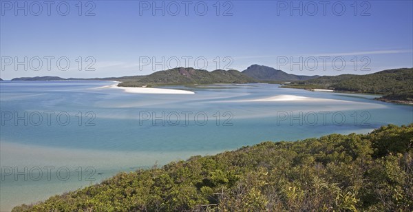 Areal view of white sandy beaches and turquoise blue water in the bay of Whitehaven Beach on