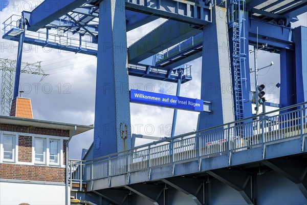 Welcome to the island of Rügen, old Rügen bridge with welcome sign, Hanseatic city of Stralsund,