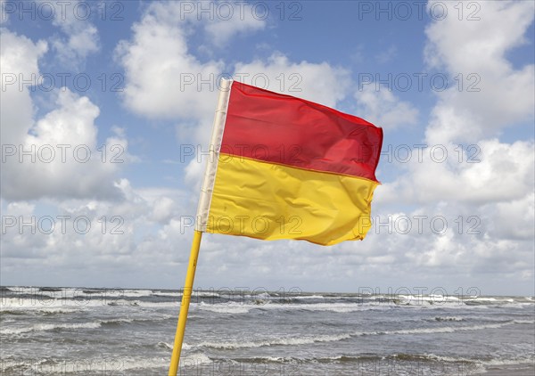 Bathing area marked with a red-yellow flag and secured by lifeguards, Vejers, Denmark, 17 07 2023,