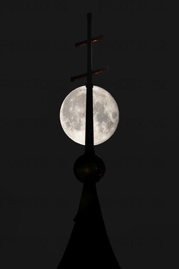 Moon, church spire, Bad Feilnbach, Bavaria, Germany, Europe