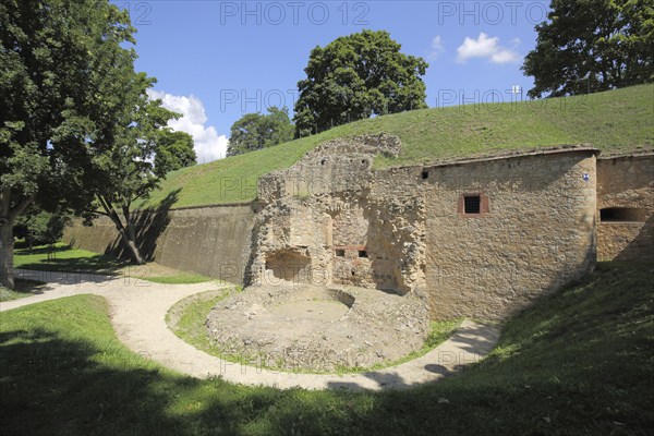 Remains of the historic fortress, stone wall, Rüsselsheim, Hesse, Germany, Europe