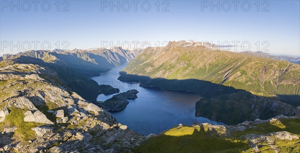 View from Seiskallåfjellet into the Nordfjorden, Svartisen Glacier in the background, Saltfjellet