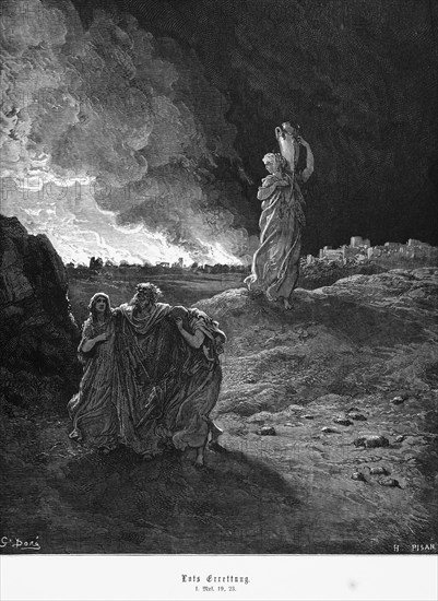 Bible, Lot's salvation, Genesis 19, 23, fire, city of Sodom, daughters, landscape, water jug, Lot,