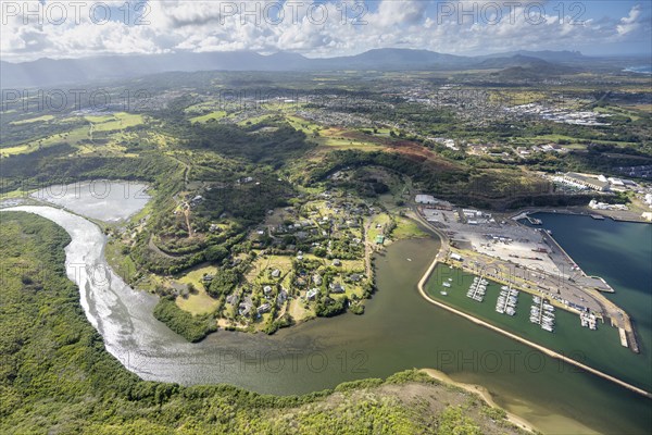 Aerial view of Lihue Harbour, Kauai, Hawaii, USA, North America