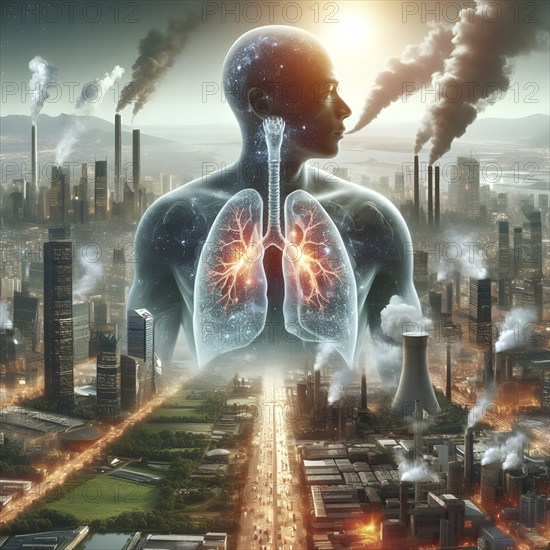 Air Pollution city and people suffers lung disease. Industrial pollution. Industrial smoke. Human
