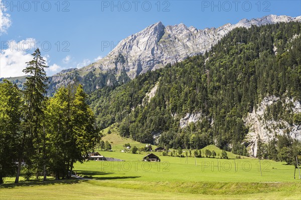 Alpine huts in Klöntal with the 2294 metre high Mutteristock, Canton Glarus, Switzerland, Europe