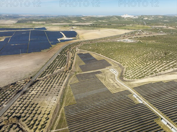 Rows of solar panels at a photovoltaic plant and the town of Espejo in the distance, aerial view,
