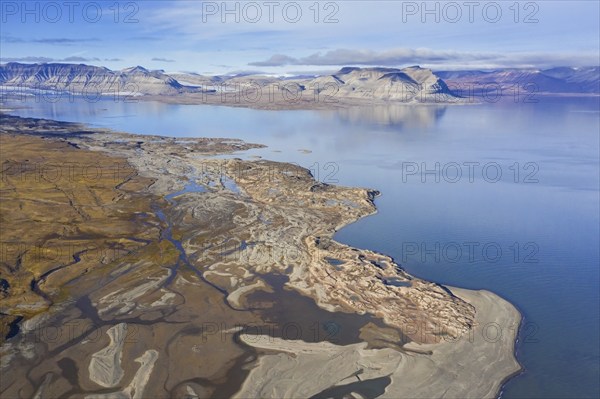 Aerial view over Ekmanfjorden, fjord in the Nordre Isfjorden National Park in summer, Nordfjorden,