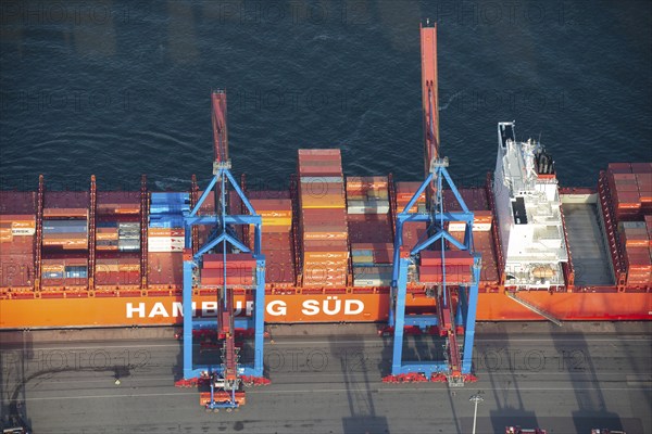 Aerial view of the container ship of the shipping company Hamburg Süd the Santa Teresa at the