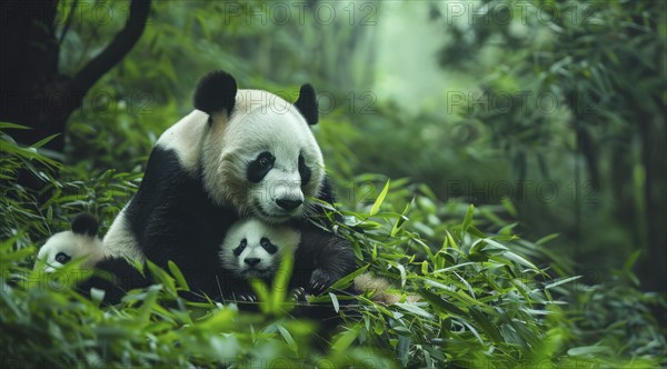Cute giant panda with panda cub its natural habitat., AI generated