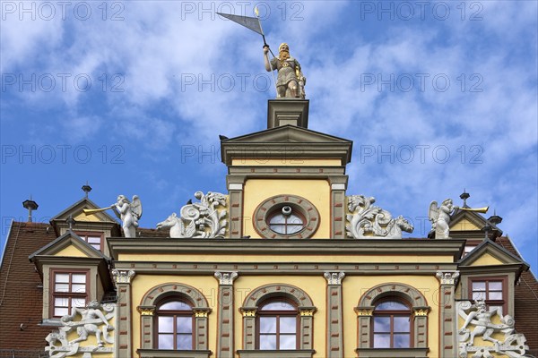 Statue of a Landsknecht on the Haus zum Roten Ochsen, a very beautiful Renaissance building on the