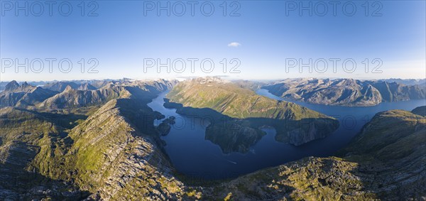 View from Seiskallåfjellet into Nordfjorden and Melfjorden, Svartisen Glacier in the background,