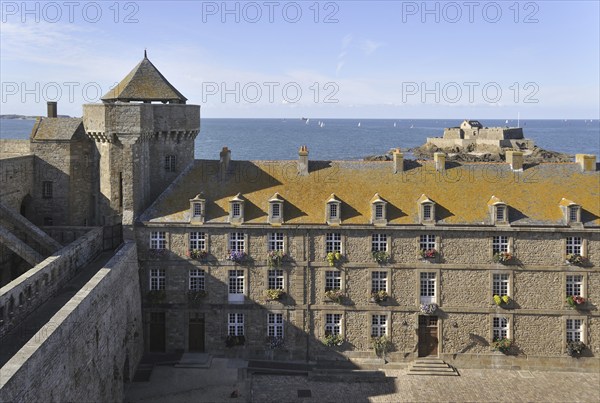 Historic building and view from rampart over Fort National at Saint-Malo, Brittany, France, Europe
