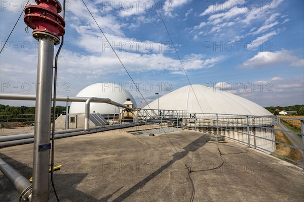 Biogas plant, gas storage, with dome, use of solid manure as energy source, gas pipelines, on a