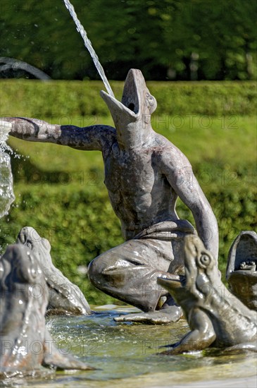 Farmer in transformation from human to frog, hybrid creature, figure, gargoyle at Latona Fountain,