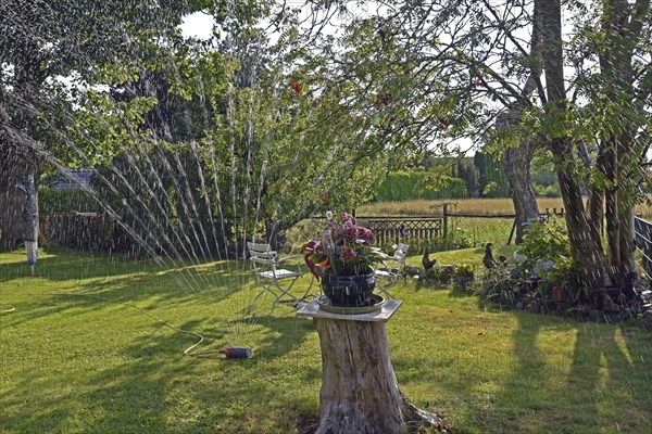 Europe, Germany, Lower Saxony, Stade district, garden in summer, garden table, water sprinkler,