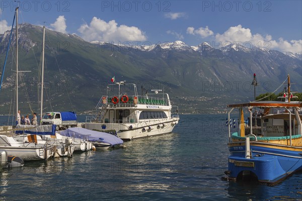 In the harbour of Limone sul Garda, Lake Garda, Lake Garda mountains, Limone sul Garda, Lombardy,
